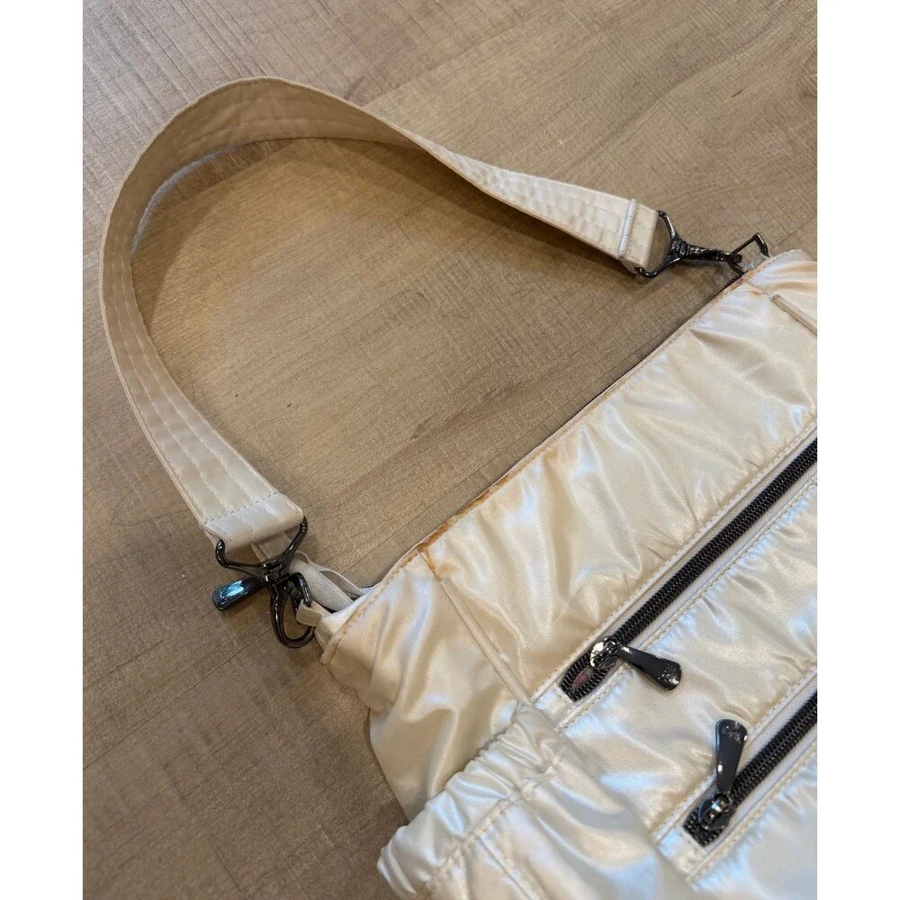 Lug Pearl Ivory Quilted Nylon Shoulder Bag Convertable Crossbody Purse